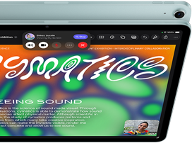 iPad Air, with 12MP Center Stage camera showing a user on FaceTime, in front of another iPad Air model showing the back exterior and camera