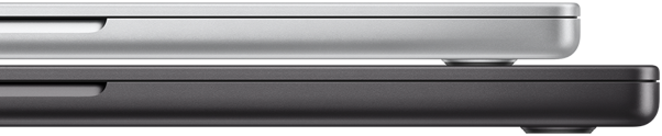 Closed 14-inch MacBook Pro in Silver, closed 16-inch MacBook Pro in Space Black