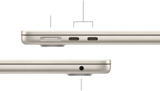 Side views of MacBook Air showing ports: MagSafe and two Thunderbolt 4 ports on left side, headphone jack on right side